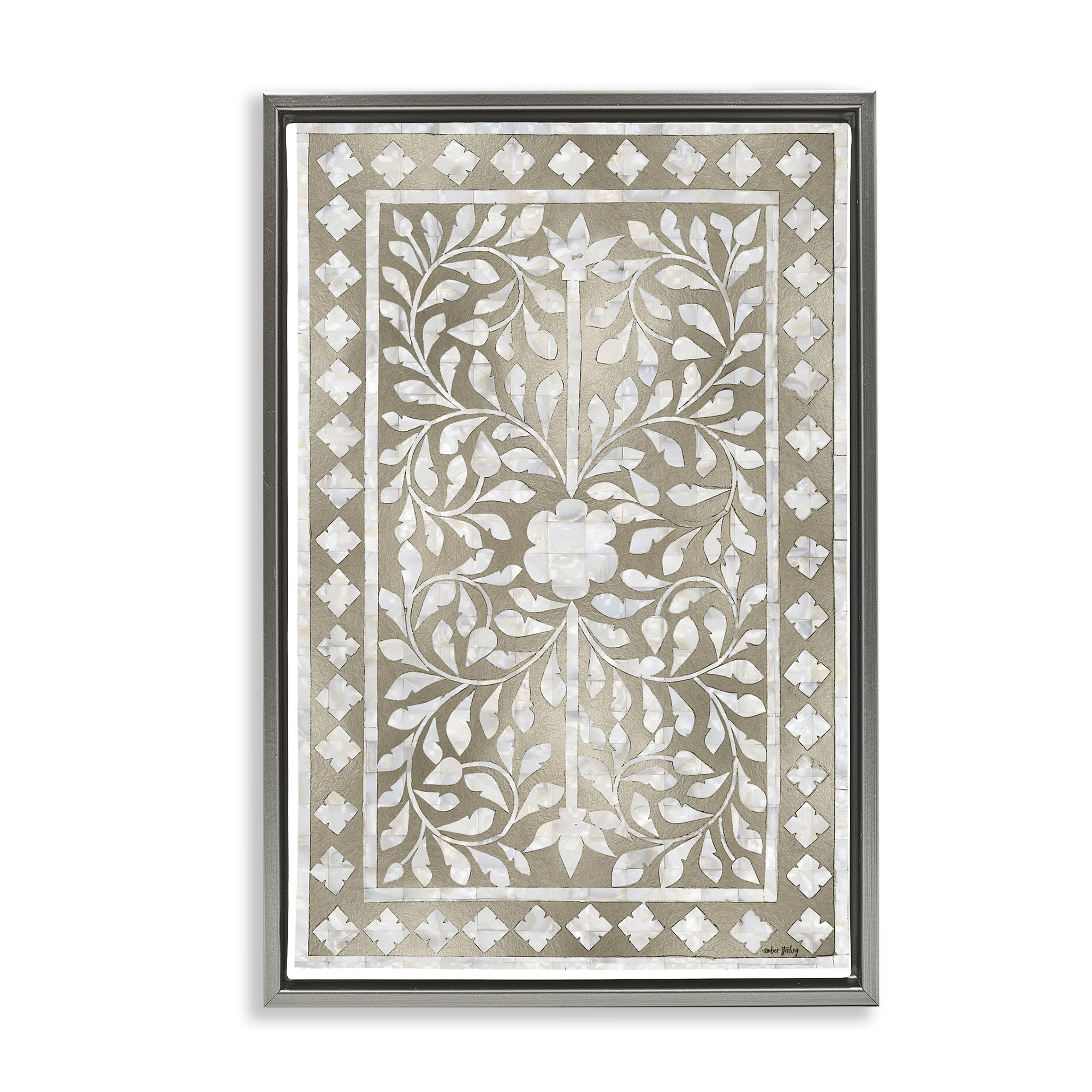 Stupell Industries Arabesque Bohemian Pattern Botanical & Floral Painting Gray Floater Framed Canvas Art Print Wall Art, 21 x 31