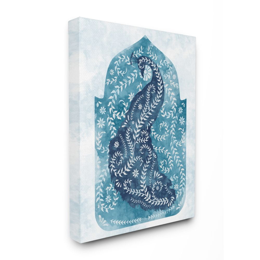Stupell Industries Arabesque Peacock Jungle Vines Bird White Blue Watercolor Canvas Wall Art Design by Ziwei Li, 30" x 40"