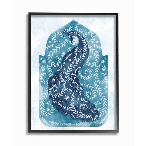 Stupell Industries Arabesque Peacock Jungle Vines Bird White Blue Watercolor Framed Wall Art Design by Ziwei Li, 11" x 14", Black Framed