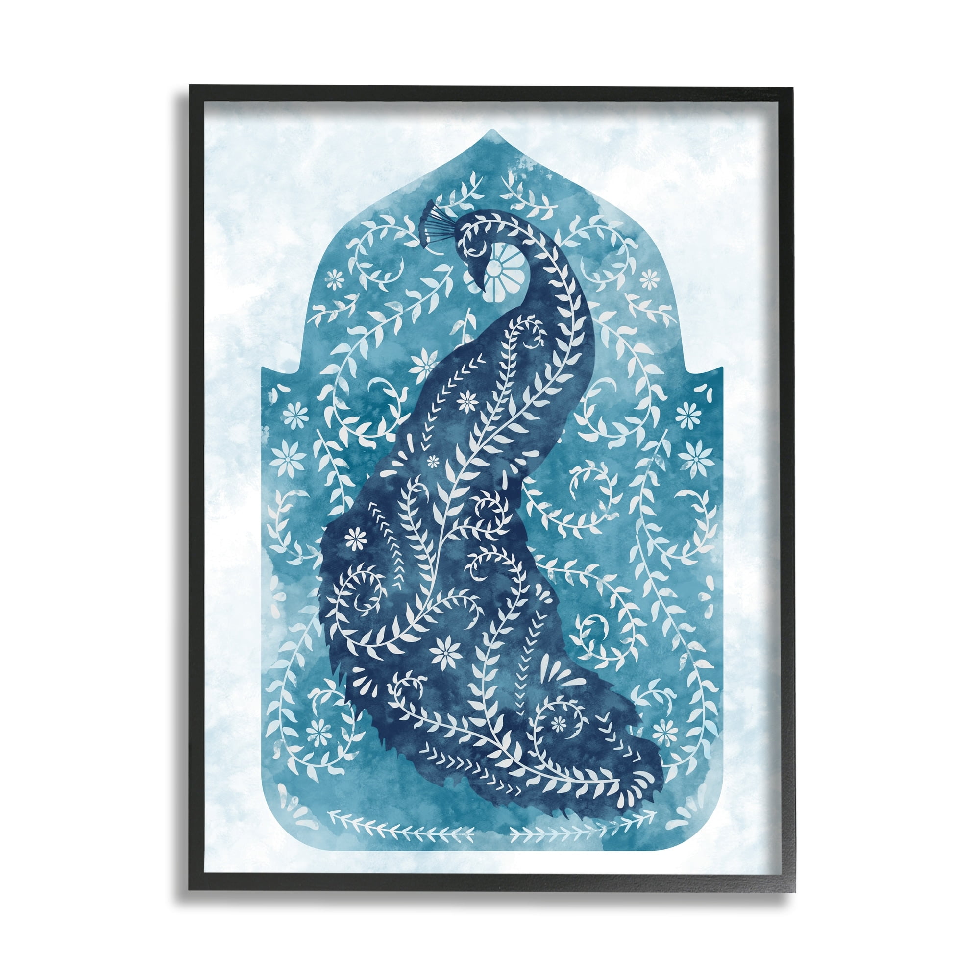 Stupell Industries Arabesque Peacock Jungle Vines Bird White Blue Watercolor Framed Wall Art Design by Ziwei Li, 24" x 30", Black Framed