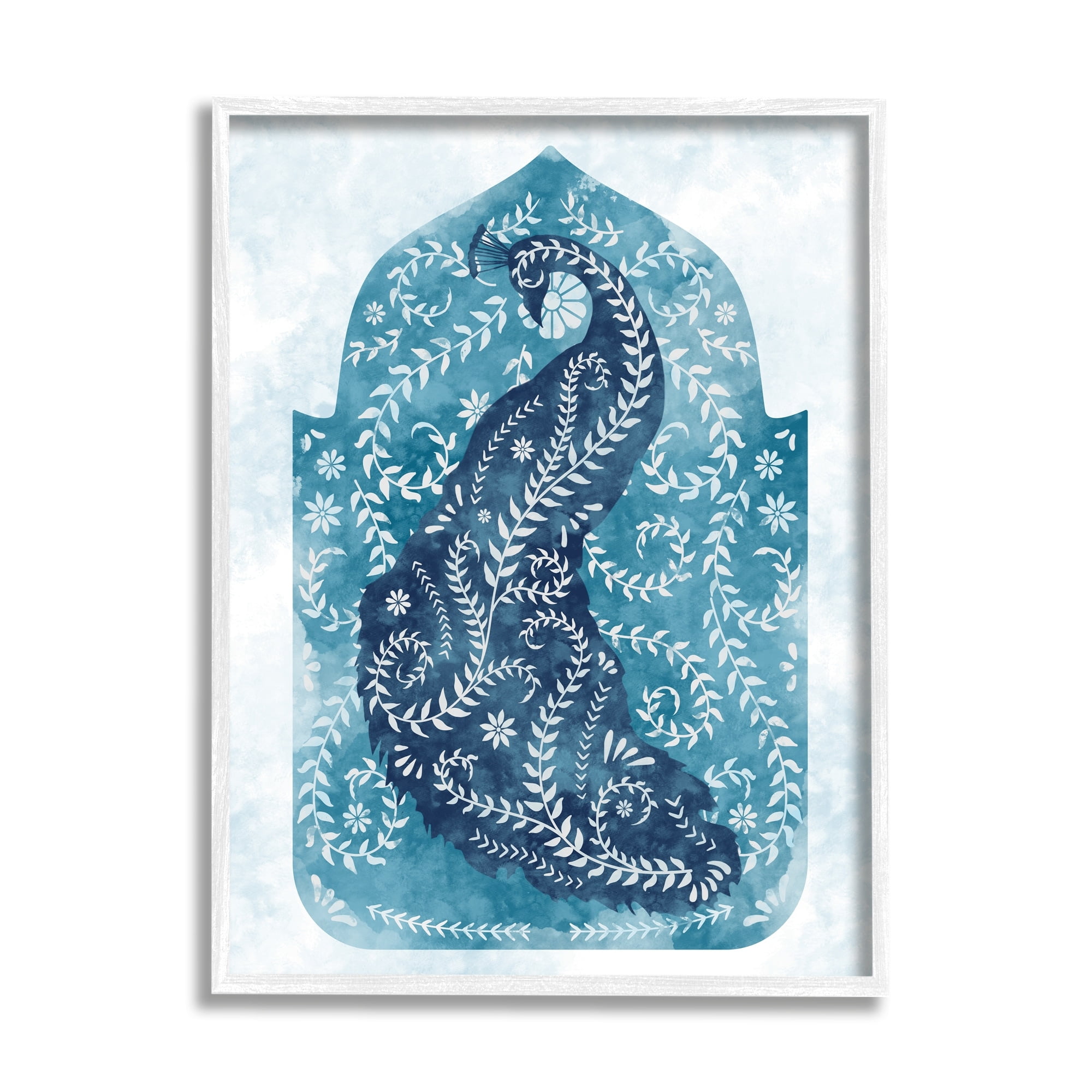 Stupell Industries Arabesque Peacock Jungle Vines Bird White Blue Watercolor White Framed Art Print Wall Art, 11x14, by Ziwei Li