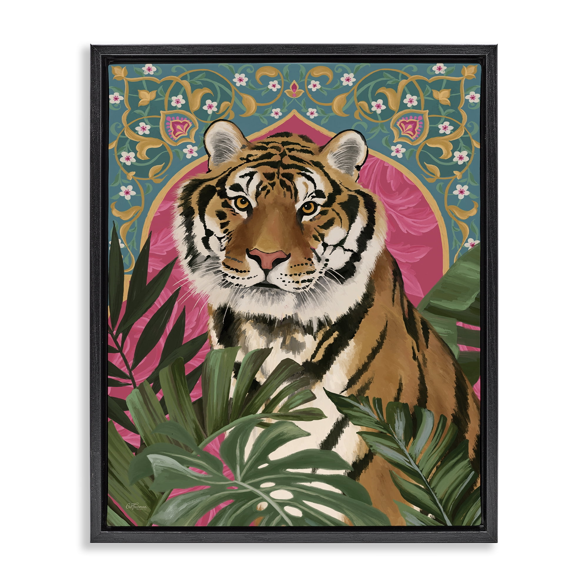 Stupell Industries Arabesque Tiger & Plants Animals Painting Black Floater Framed Canvas Art Print Wall Art, 17 x 21