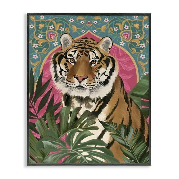 Stupell Industries Arabesque Tiger & Plants Animals Painting Black Framed Art Print Wall Art, 11 x 14
