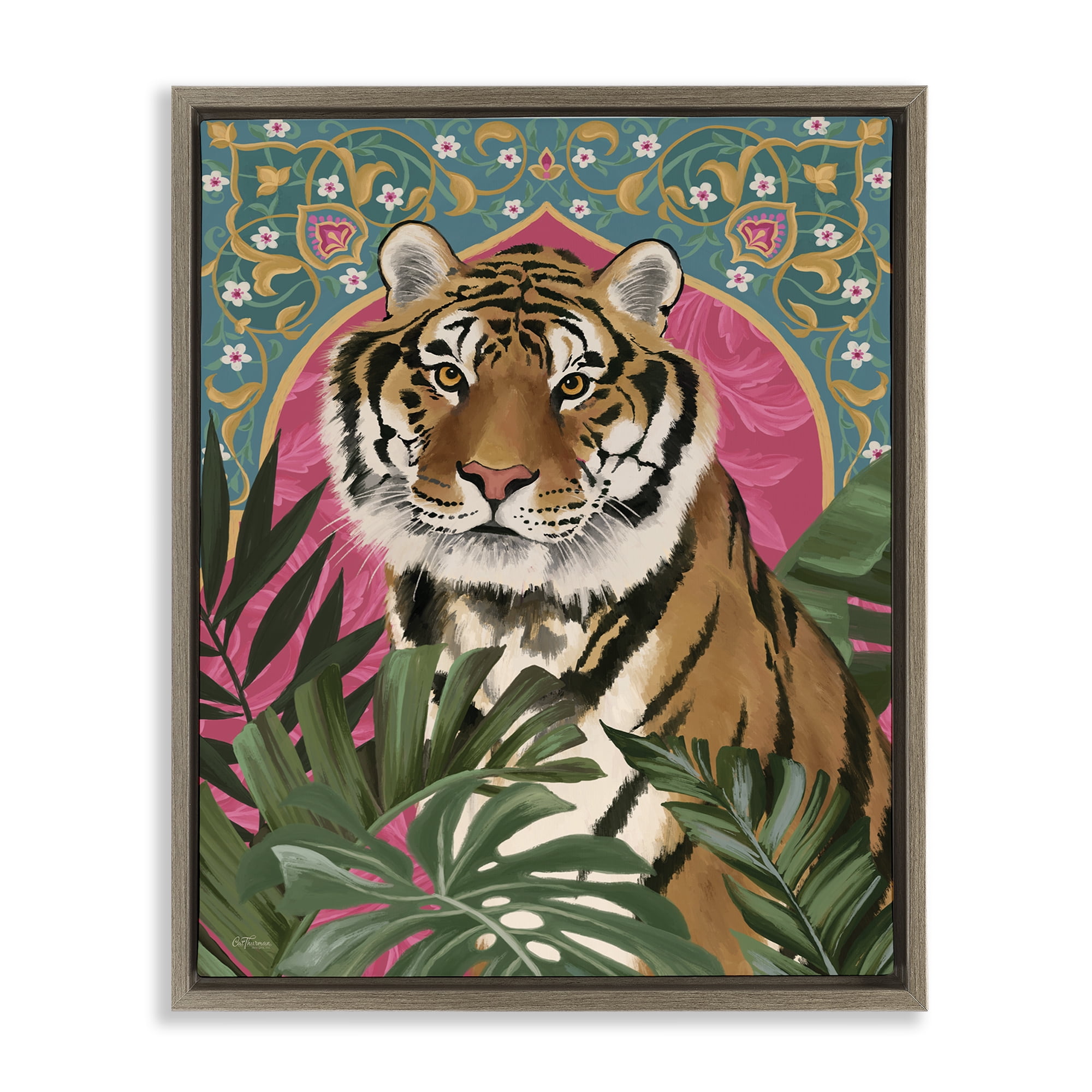 Stupell Industries Arabesque Tiger & Plants Animals Painting Brown Floater Framed Canvas Art Print Wall Art, 17 x 21