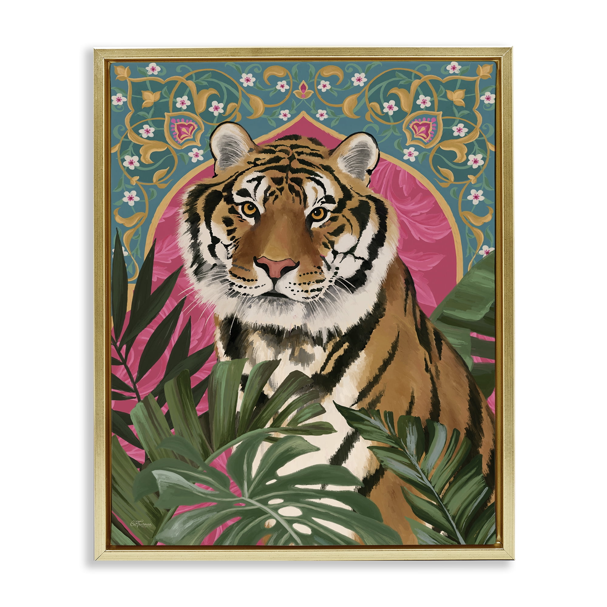 Stupell Industries Arabesque Tiger & Plants Animals Painting Gold Floater Framed Canvas Art Print Wall Art, 25 x 31