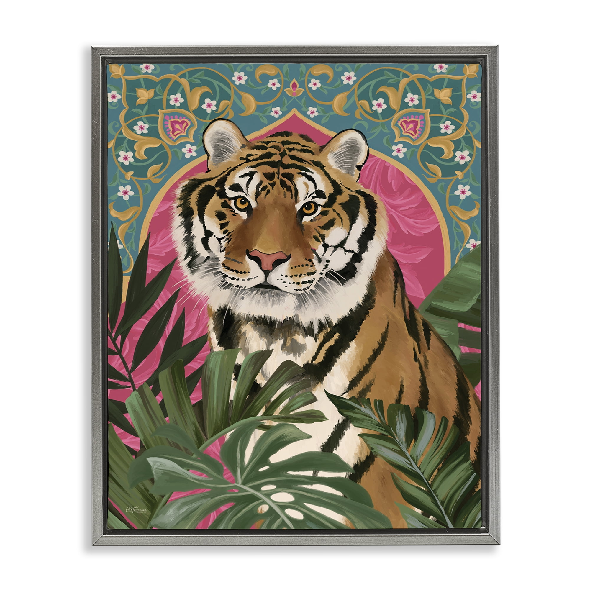 Stupell Industries Arabesque Tiger & Plants Animals Painting Gray Floater Framed Canvas Art Print Wall Art, 17 x 21