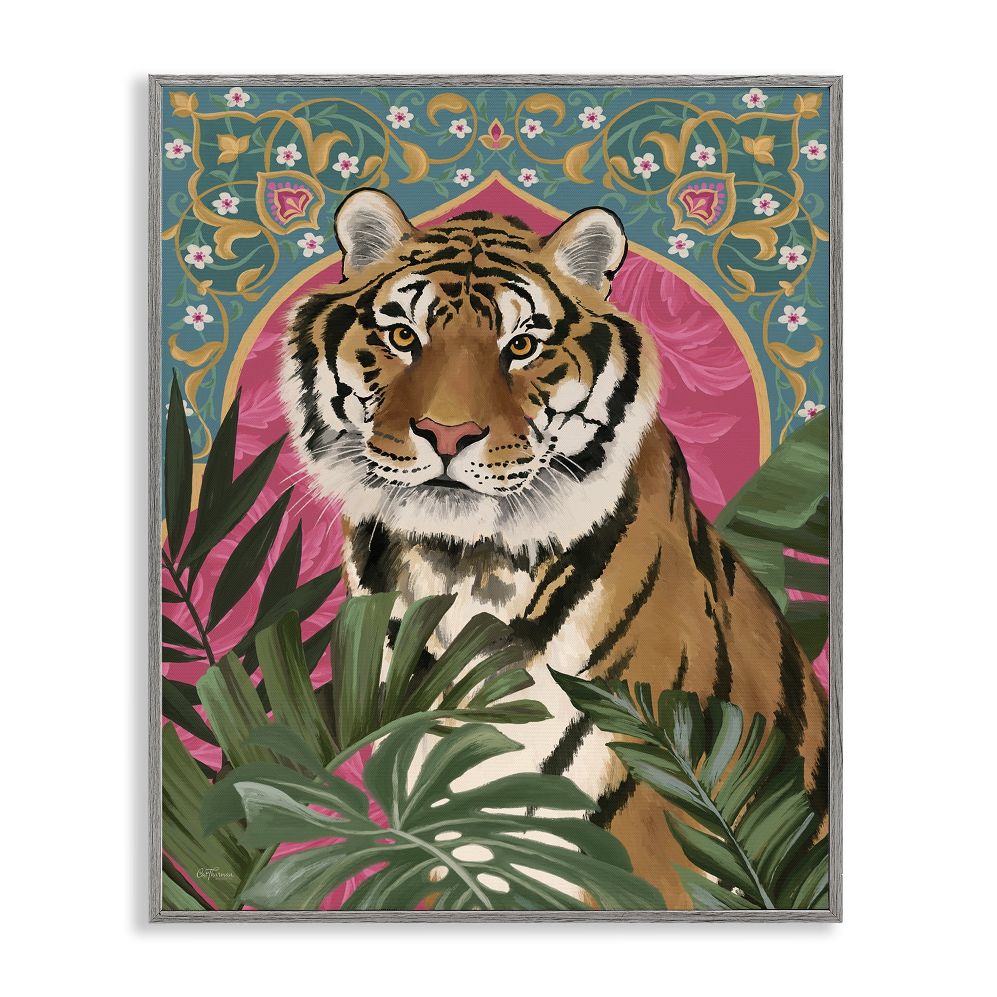 Stupell Industries Arabesque Tiger & Plants Animals Painting Gray Framed Art Print Wall Art, 24 x 30