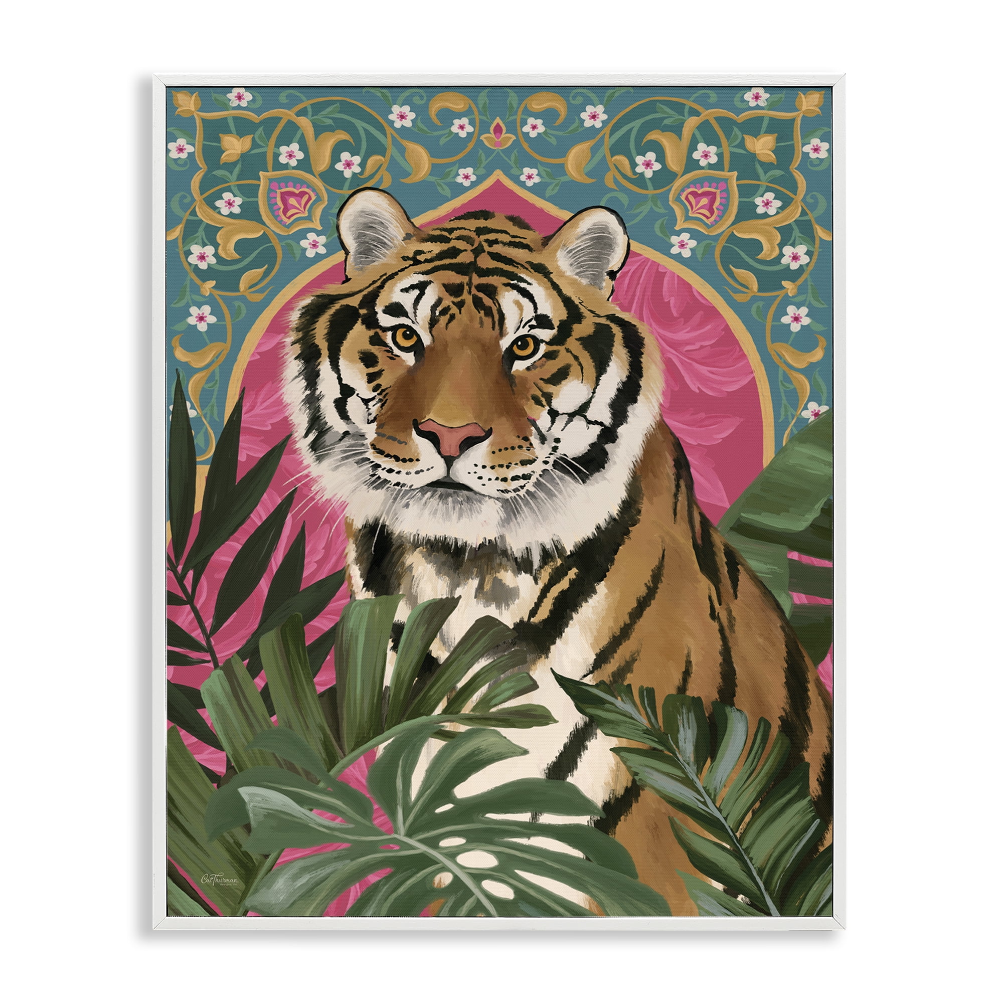 Stupell Industries Arabesque Tiger & Plants Animals Painting White Framed Art Print Wall Art, 16 x 20