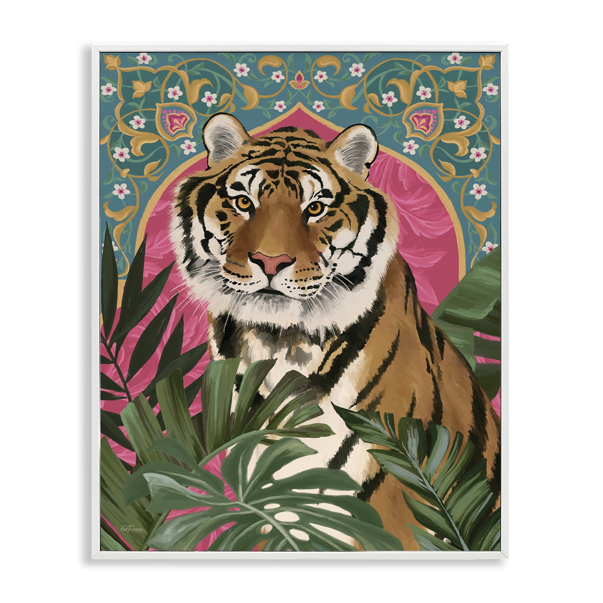 Stupell Industries Arabesque Tiger & Plants Animals Painting White Framed Art Print Wall Art, 24 x 30