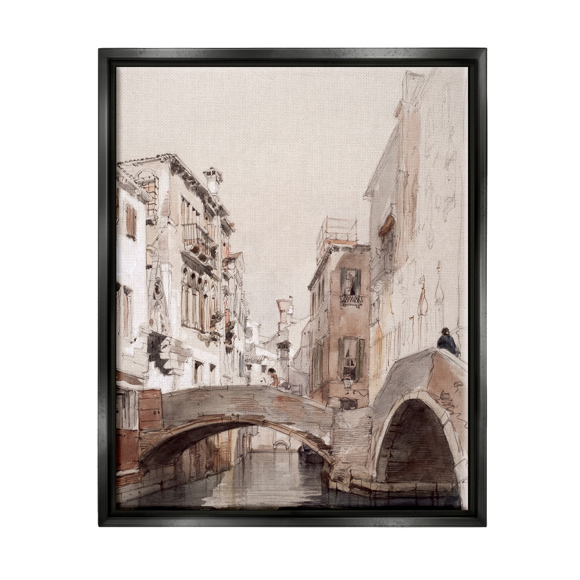Stupell Industries Arched Bridge Over Canal Quaint Town Buildings Painting Jet Black Floating Framed Canvas Print Wall Art, Design by Lettered and Lined