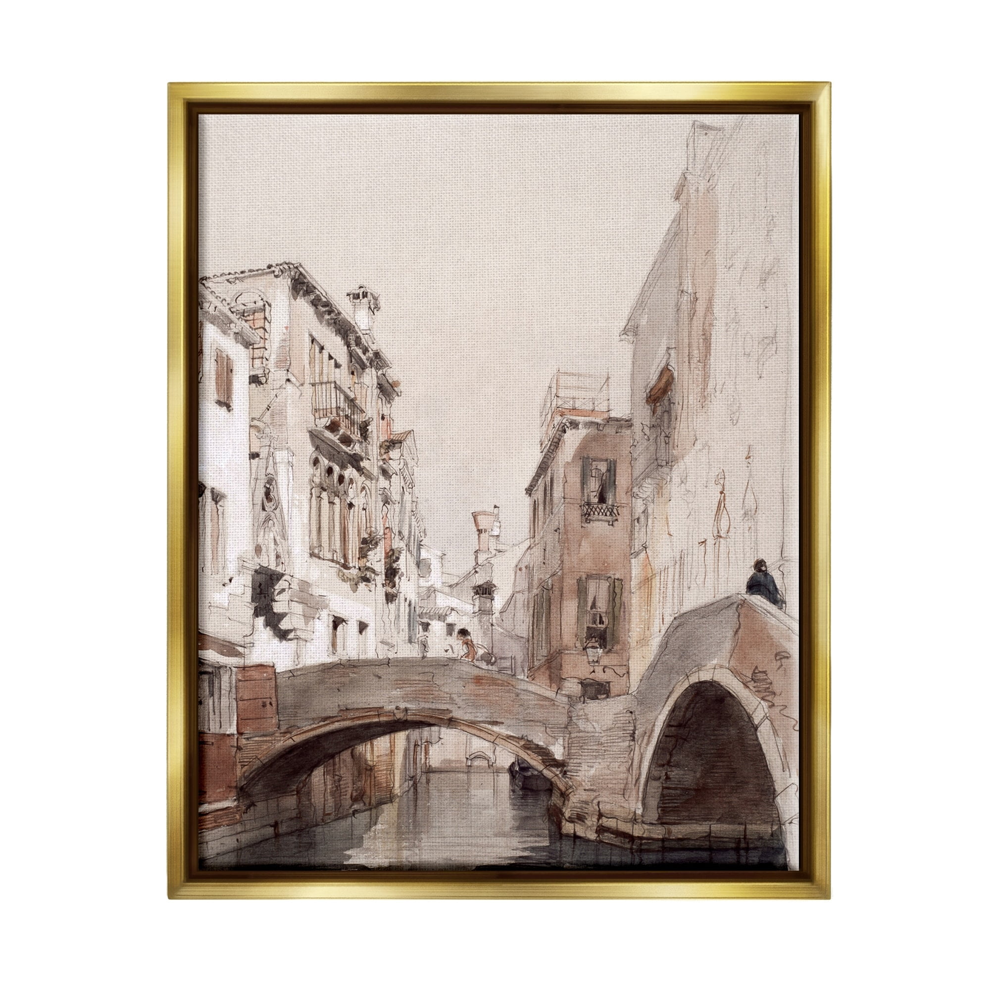 Stupell Industries Arched Bridge Over Canal Quaint Town Buildings Painting Metallic Gold Floating Framed Canvas Print Wall Art, Design by Lettered and Lined