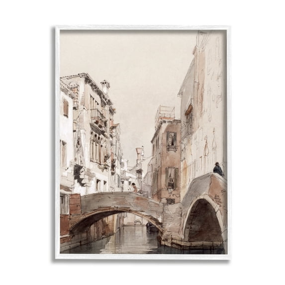 Stupell Industries Arched Bridge Over Canal Quaint Town Buildings Painting White Framed Art Print Wall Art, Design by Lettered and Lined