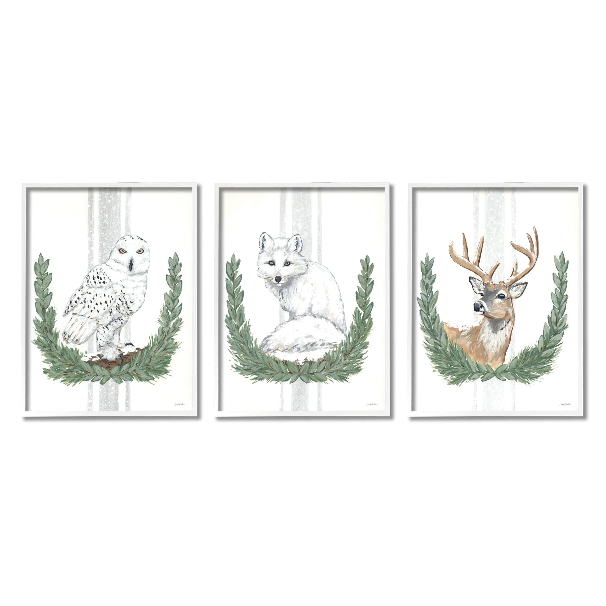 Stupell Industries Arctic Animals Botanical Leaves Portrait Snowy Owl Deer Fox , 11 x 14, Design by Sara Baker