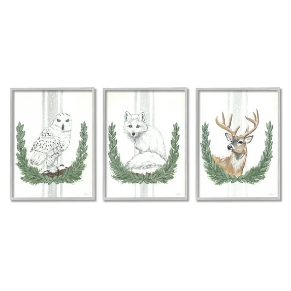 Stupell Industries Arctic Animals Botanical Leaves Portrait Snowy Owl Deer Fox , 16 x 20, Design by Sara Baker