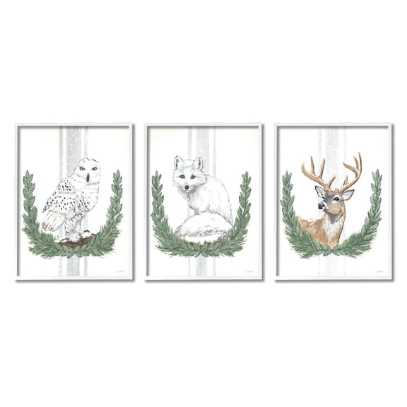 Stupell Industries Arctic Animals Botanical Leaves Portrait Snowy Owl Deer Fox , 24 x 30, Design by Sara Baker