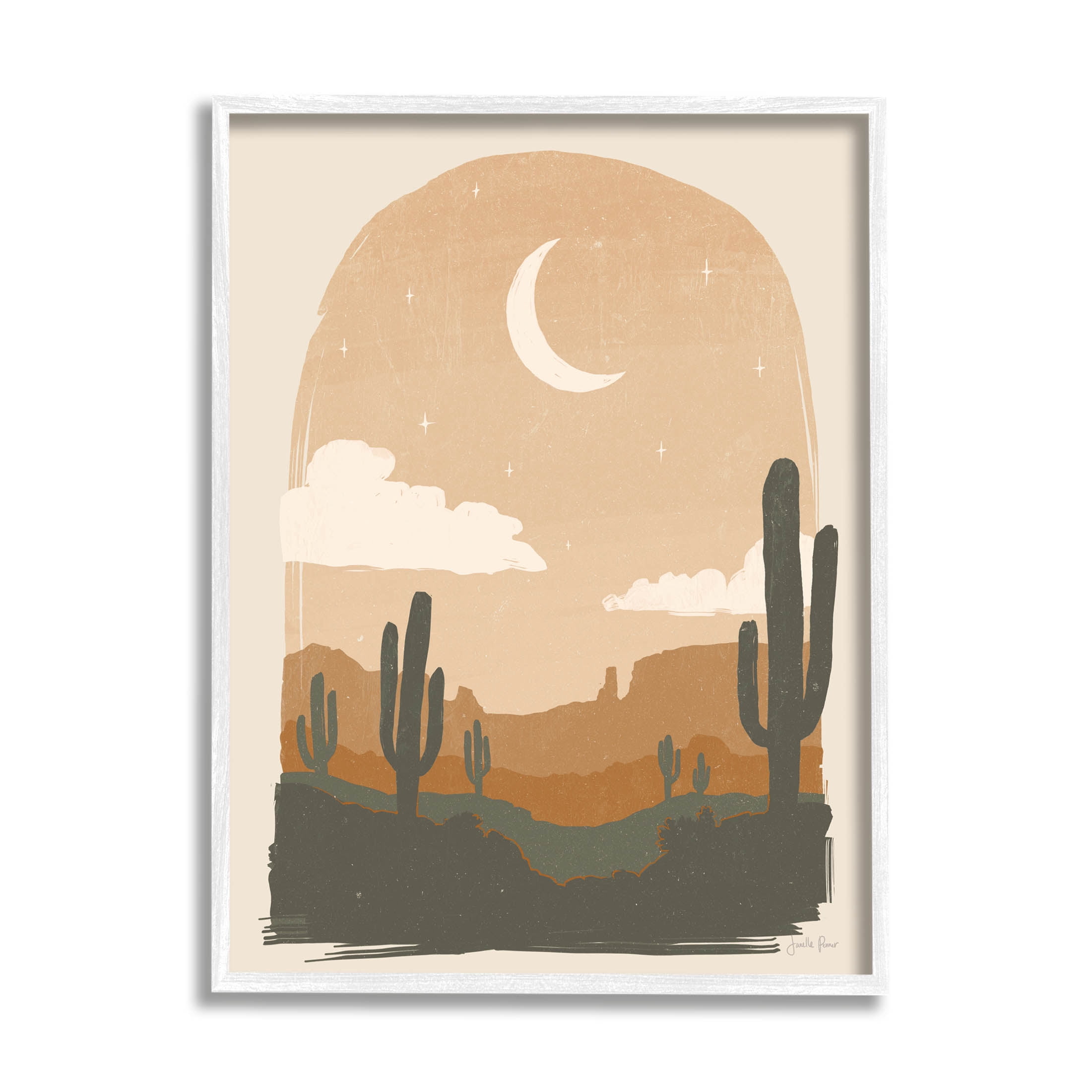 Stupell Industries Arid Desert Cactus Under Night Sky Graphic Art White Framed Art Print Wall Art, Design by Janelle Penner