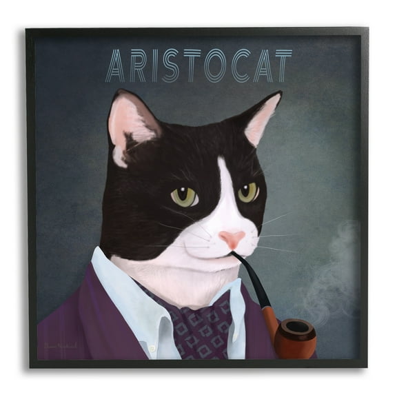 Stupell Industries Aristocat Witty Smiling Cat Portrait Smoking Pipe Graphic Art Black Framed Art Print Wall Art, Design by Diane Neukirch