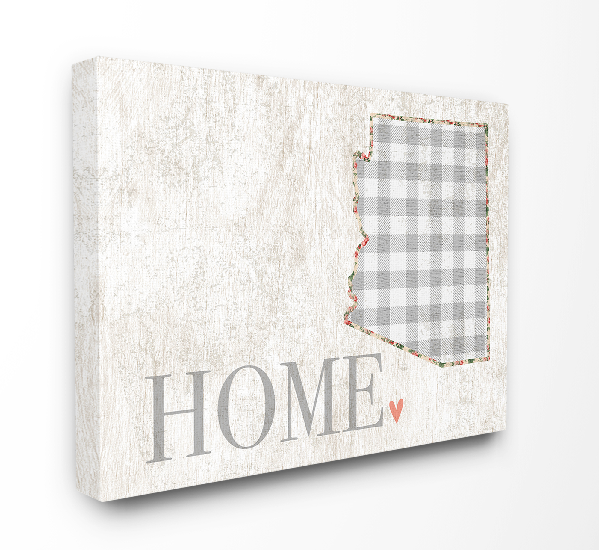 Stupell Industries Arizona Grey Gingham and Floral Heart and Home Town & City Painting Gallery Wrapped Canvas Art Print Wall Art, 30 x 40