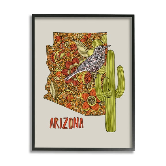 Stupell Industries Arizona State Bird Detailed Cactus Floral Pattern Graphic Art Black Framed Art Print Wall Art, Design by Valentina Harper
