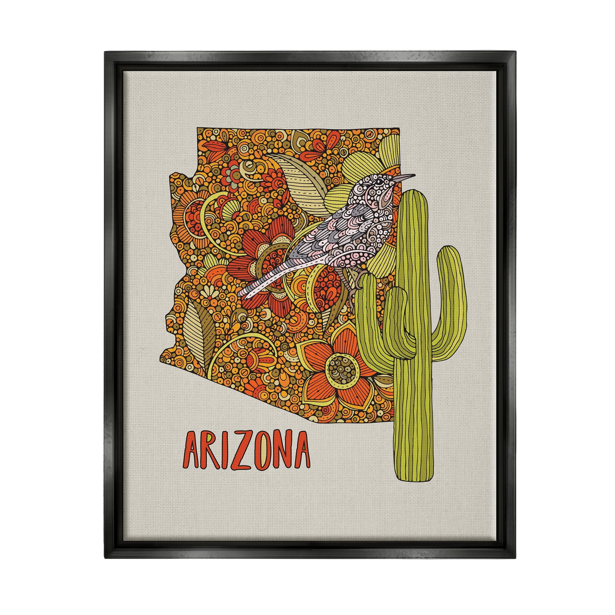 Stupell Industries Arizona State Bird Detailed Cactus Floral Pattern Graphic Art Jet Black Floating Framed Canvas Print Wall Art, Design by Valentina Harper