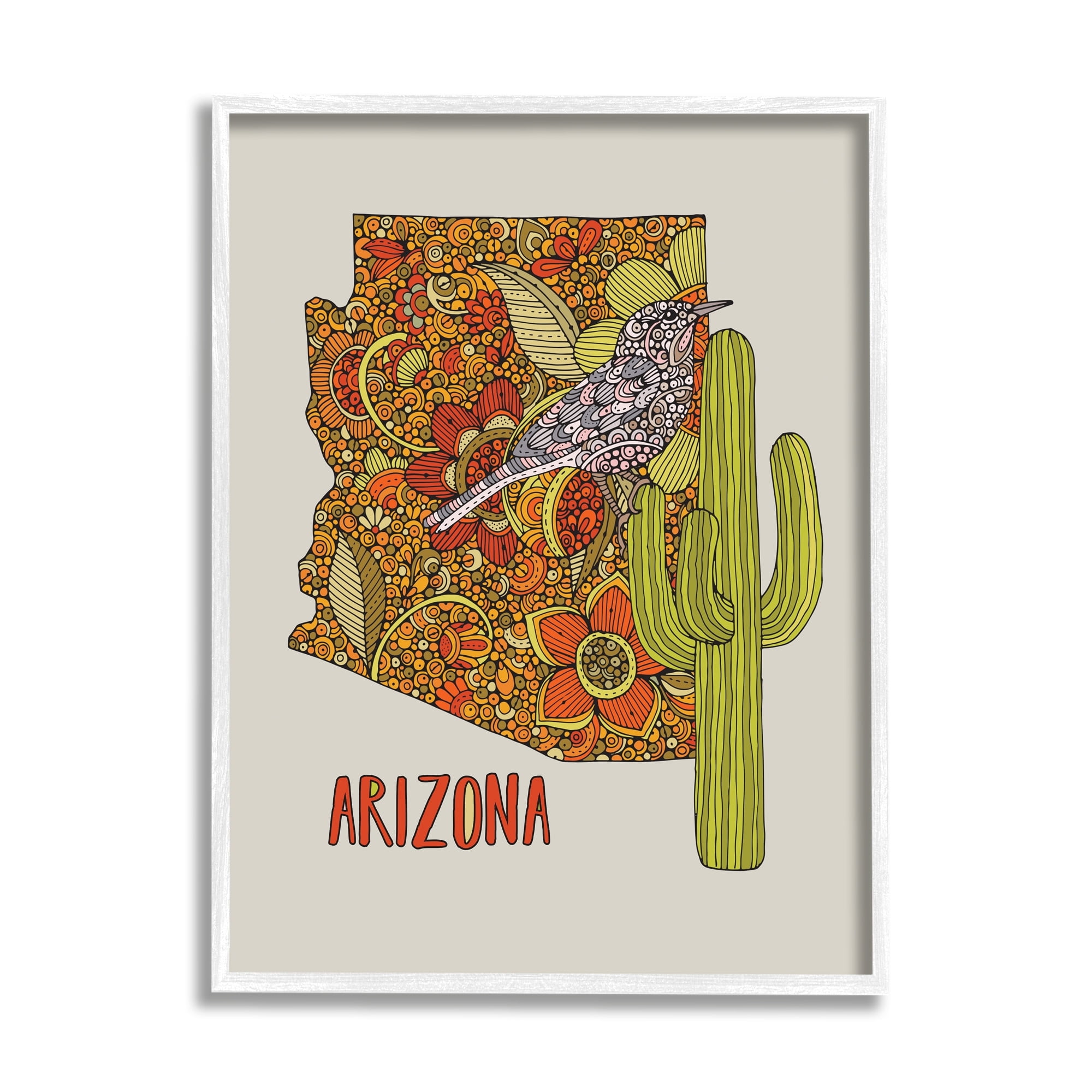 Stupell Industries Arizona State Bird Detailed Cactus Floral Pattern Graphic Art White Framed Art Print Wall Art, Design by Valentina Harper