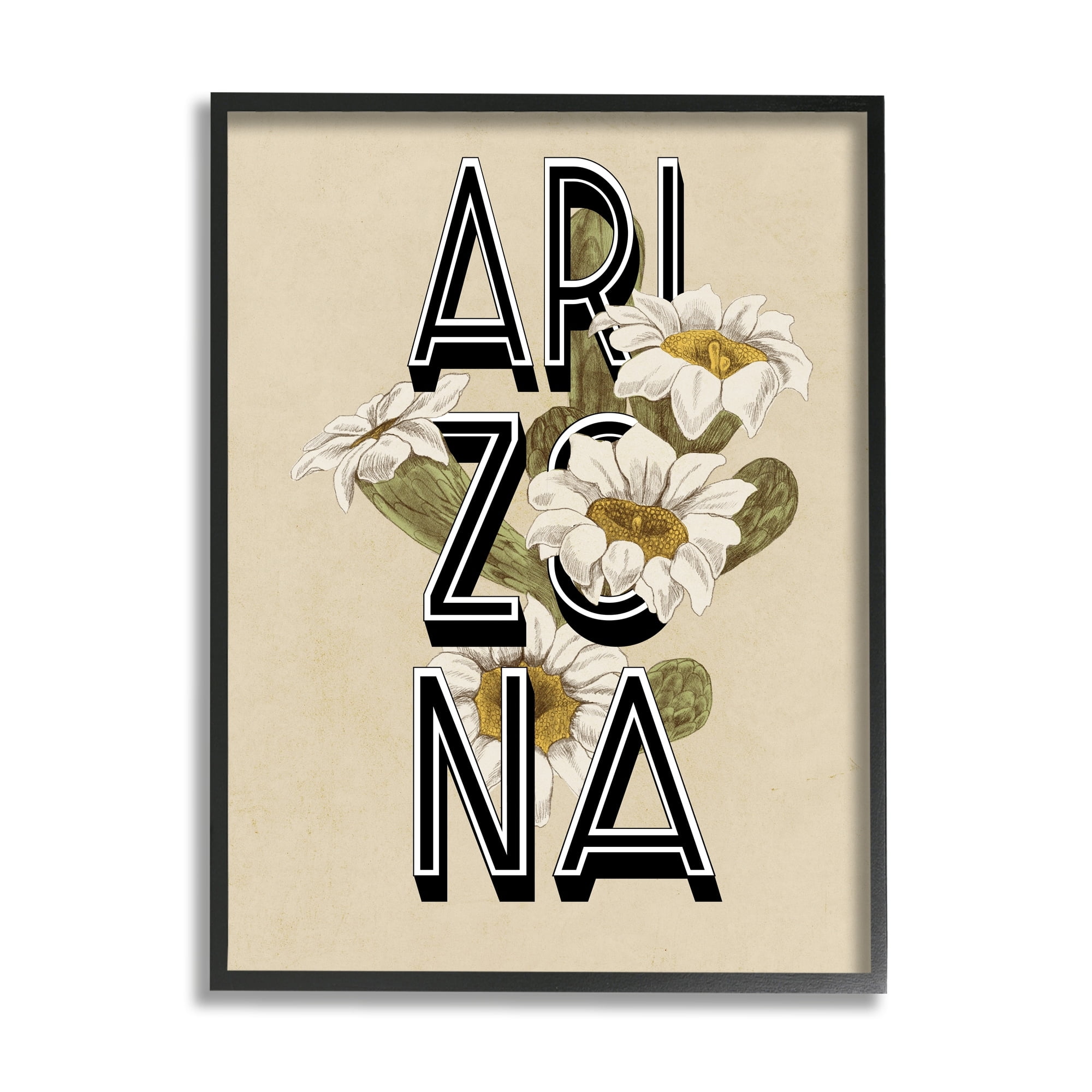 Stupell Industries Arizona State Flower Saguaro Blossom Typography Design Graphic Art Black Framed Art Print Wall Art, Design by Daphne Polselli