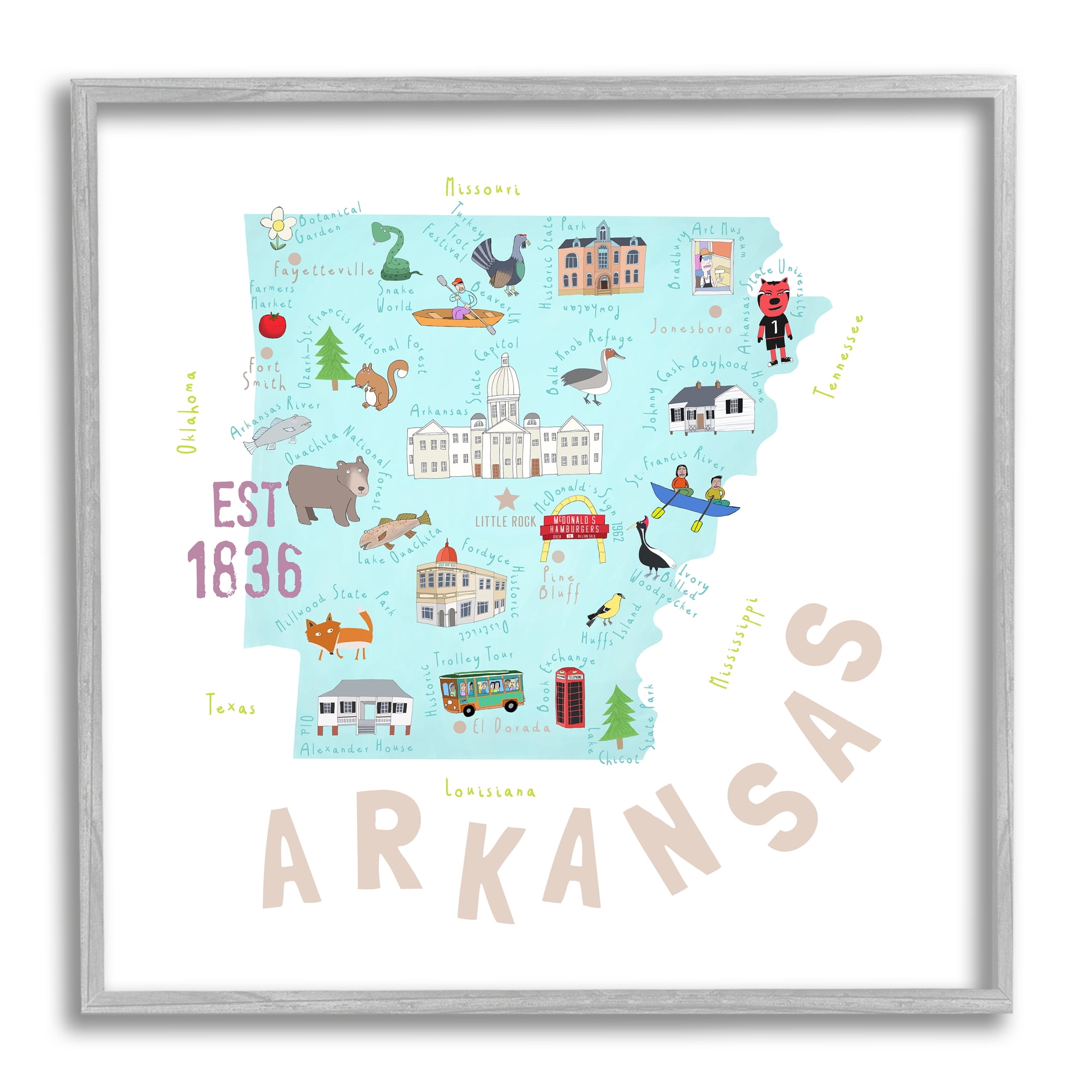 Stupell Industries Arkansas Landmark Doodles Map Travel & Places Painting Gray Framed Art Print Wall Art