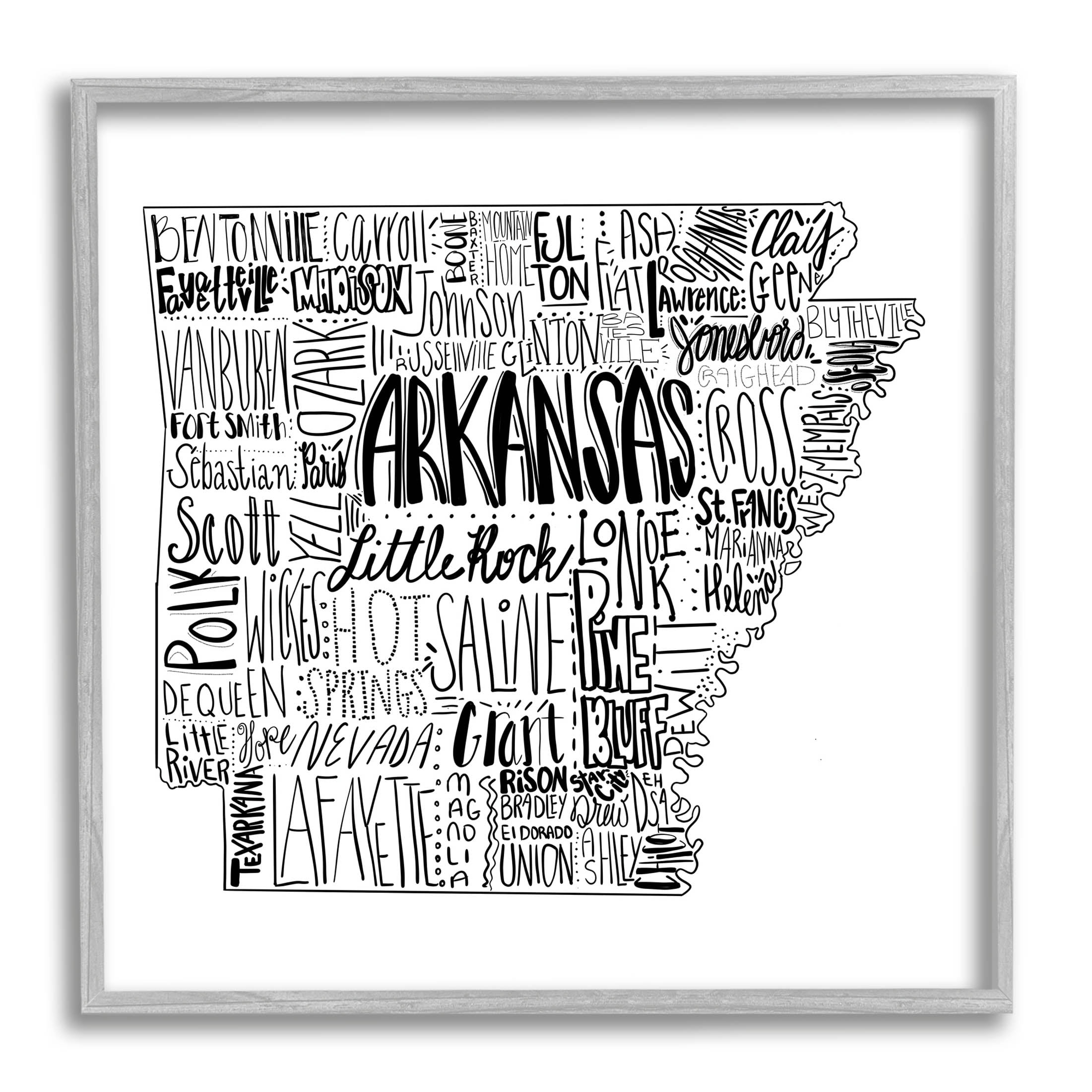 Stupell Industries Arkansas State Typography Cities Map Graphic Art Gray Framed Art Print Wall Art, Design by The Saturday Evening Post