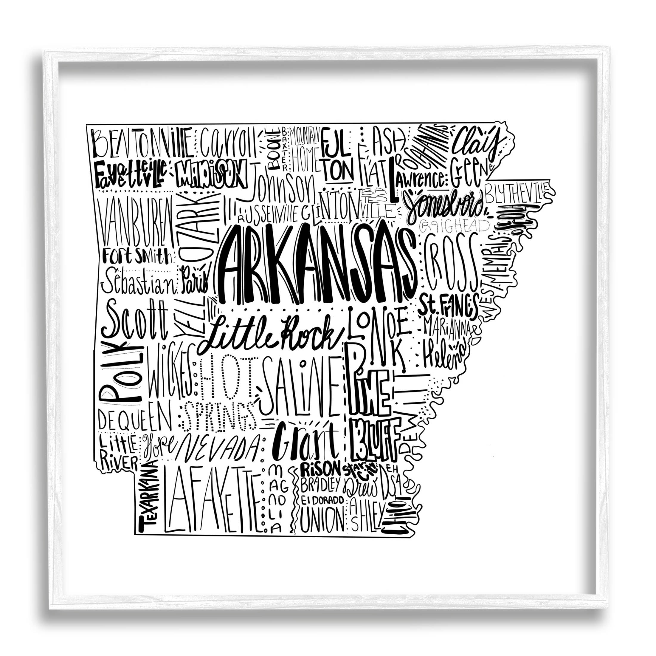 Stupell Industries Arkansas State Typography Cities Map Graphic Art White Framed Art Print Wall Art, Design by The Saturday Evening Post