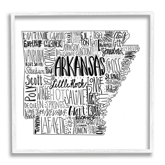 Stupell Industries Arkansas State Typography Cities Map Graphic Art White Framed Art Print Wall Art, Design by The Saturday Evening Post