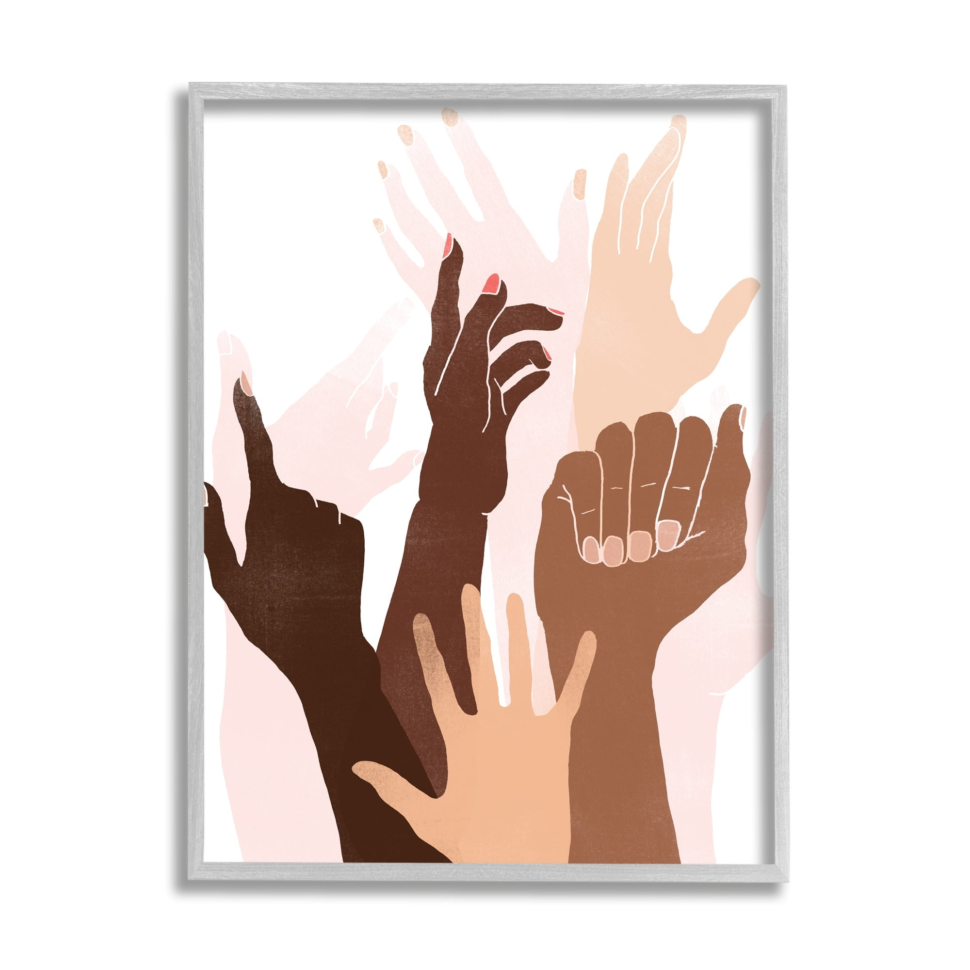 Stupell Industries Arms Reaching and Rising Diverse Hand Gestures Novelty Painting Gray Framed Art Print Wall Art, 11 x 14