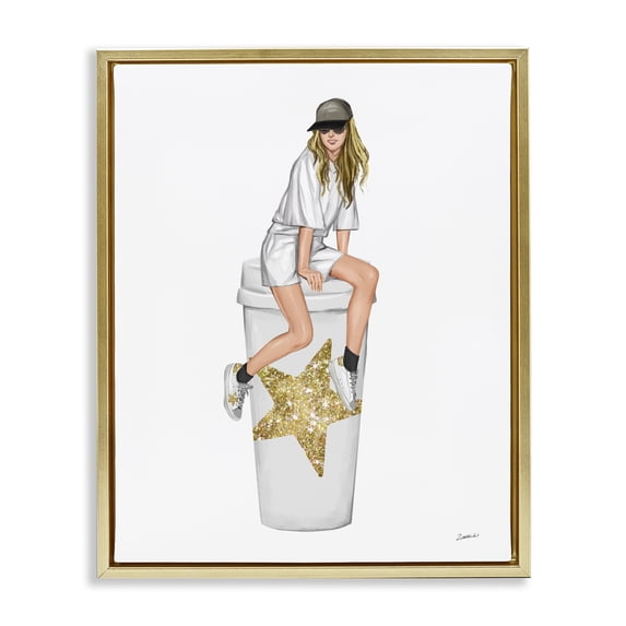 Stupell Industries Art Deco Girl In Cap Glam Coffee Cup Gold Floating Frame Canvas Art, 17 x 21, by Ziwei Li