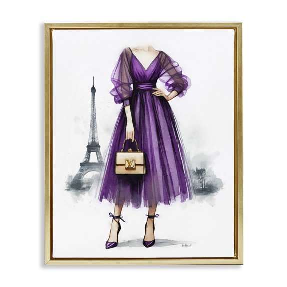 Stupell Industries Art Deco Parisian Purple Dress Gold Floating Frame Canvas Art, 17 x 21, by Amanda Greenwood