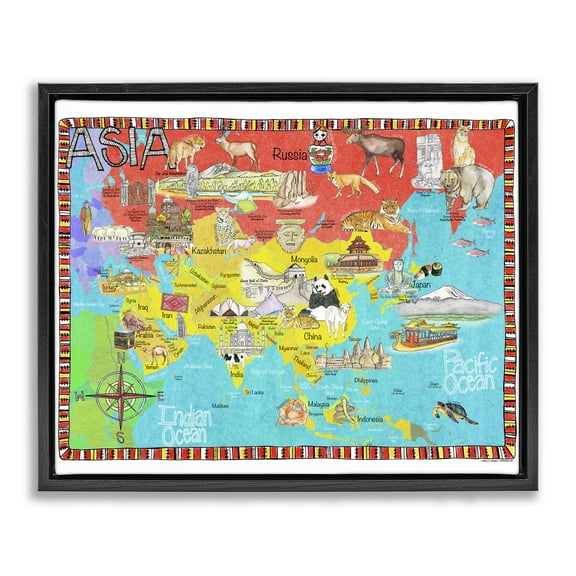 Stupell Industries Asian Animal Map Town & City Painting Black Floater Framed Art Print Wall Art, 21 x 17
