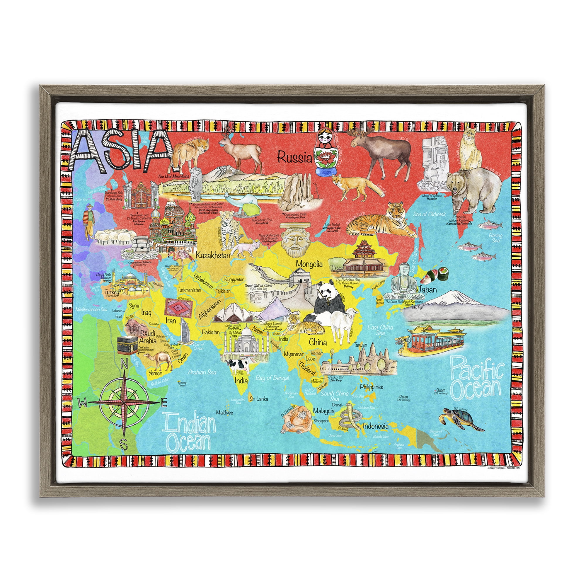 Stupell Industries Asian Animal Map Town & City Painting Brown Floater Framed Art Print Wall Art, 21 x 17