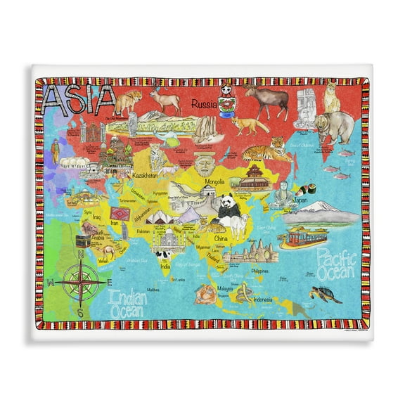 Stupell Industries Asian Animal Map Town & City Painting Gallery Wrapped Canvas Art Print Wall Art, 20 x 16