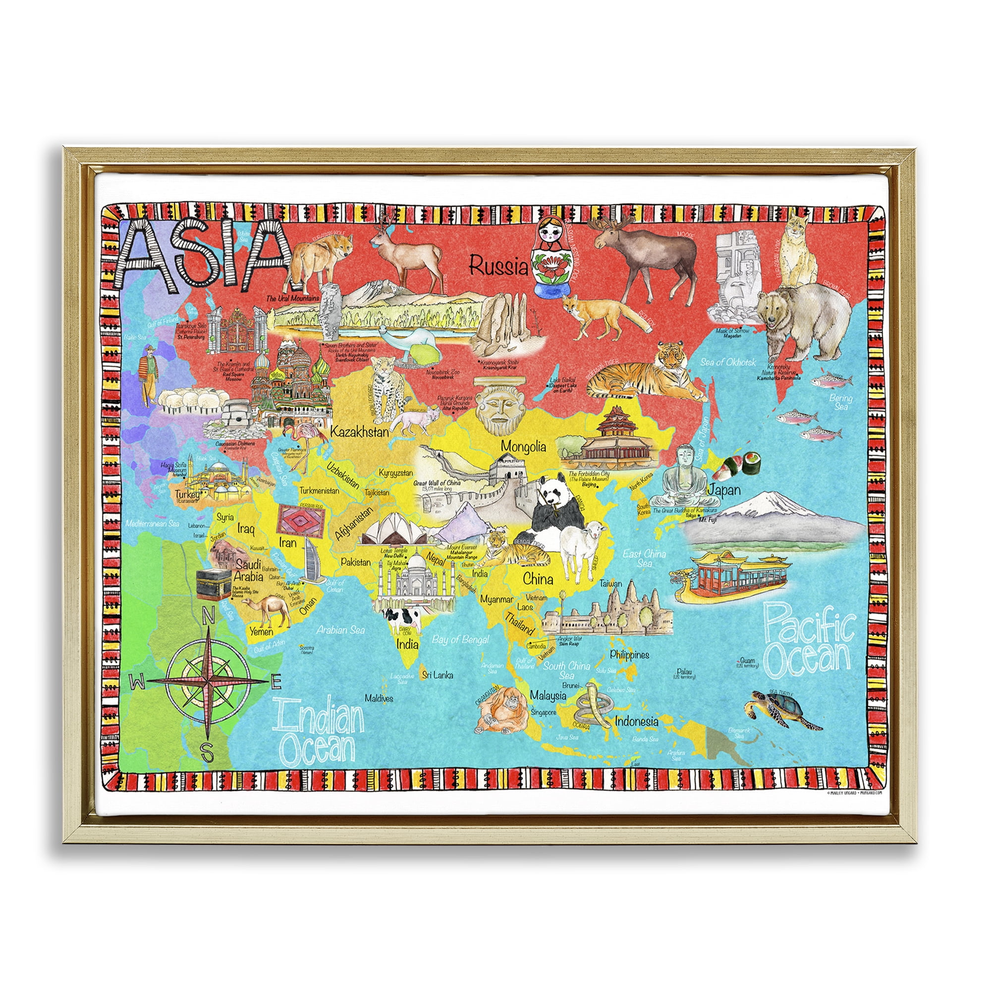 Stupell Industries Asian Animal Map Town & City Painting Gold Floater Framed Art Print Wall Art, 31 x 25