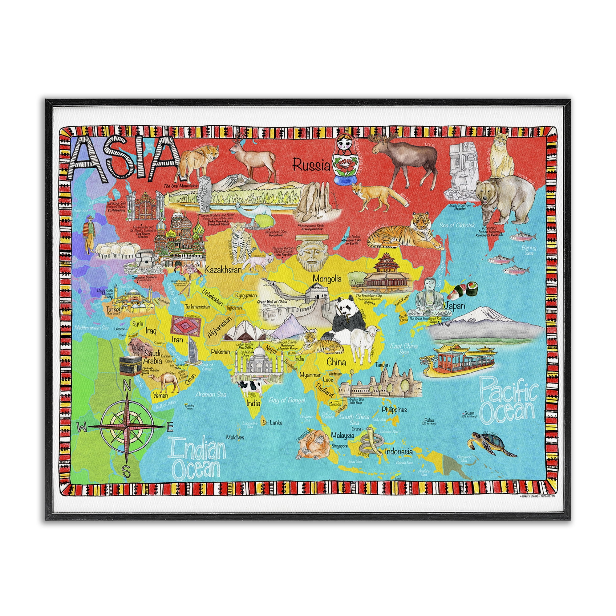 Stupell Industries Asian Animal Map Travel & Places Painting Black Framed Art Print Wall Art, 30 x 24