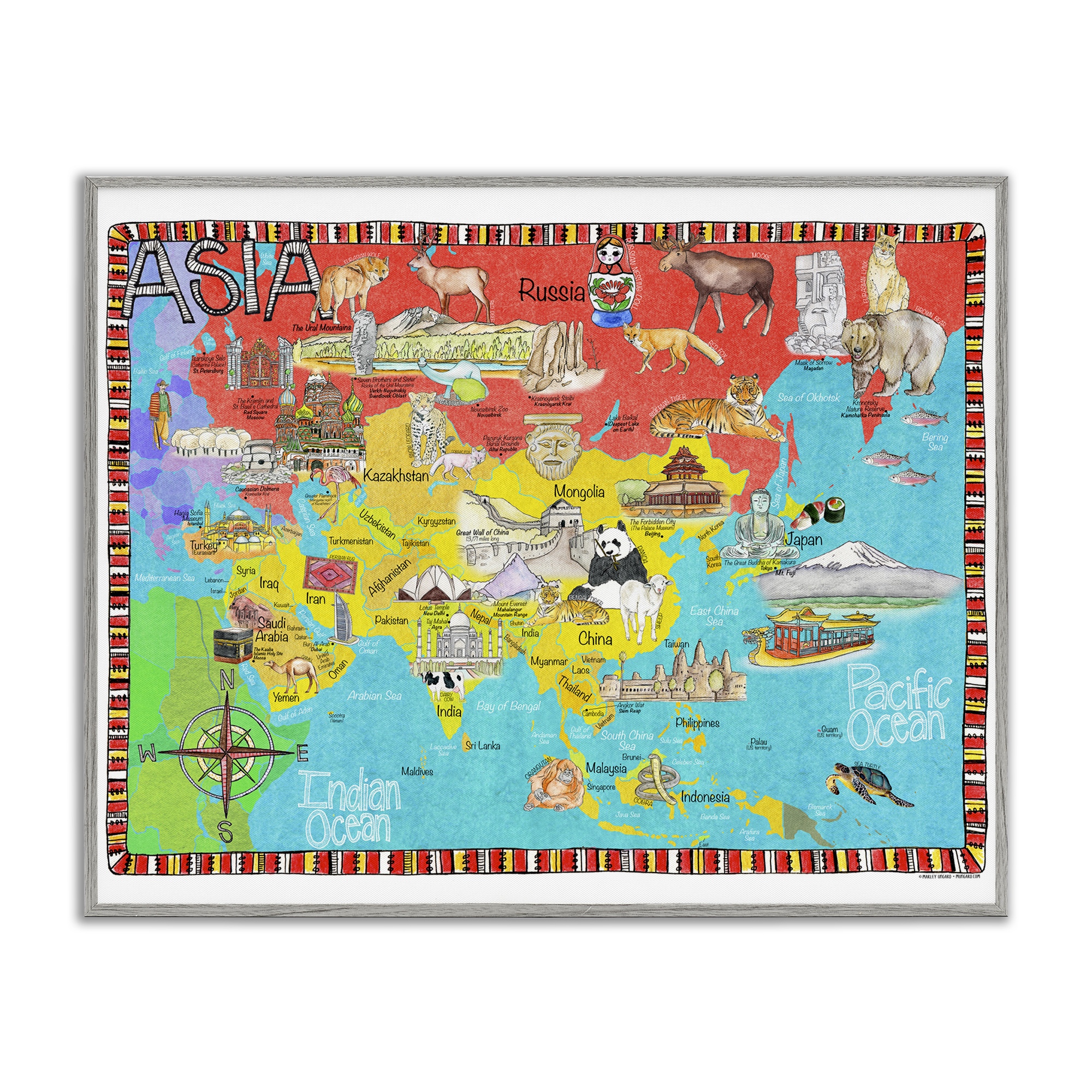 Stupell Industries Asian Animal Map Travel & Places Painting Gray Framed Art Print Wall Art, 14 x 11