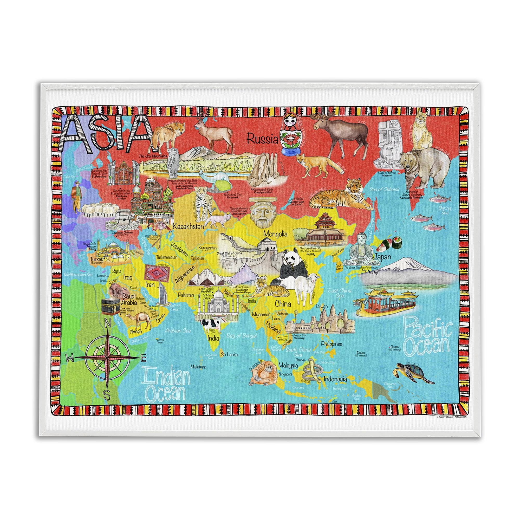 Stupell Industries Asian Animal Map Travel & Places Painting White Framed Art Print Wall Art, 14 x 11