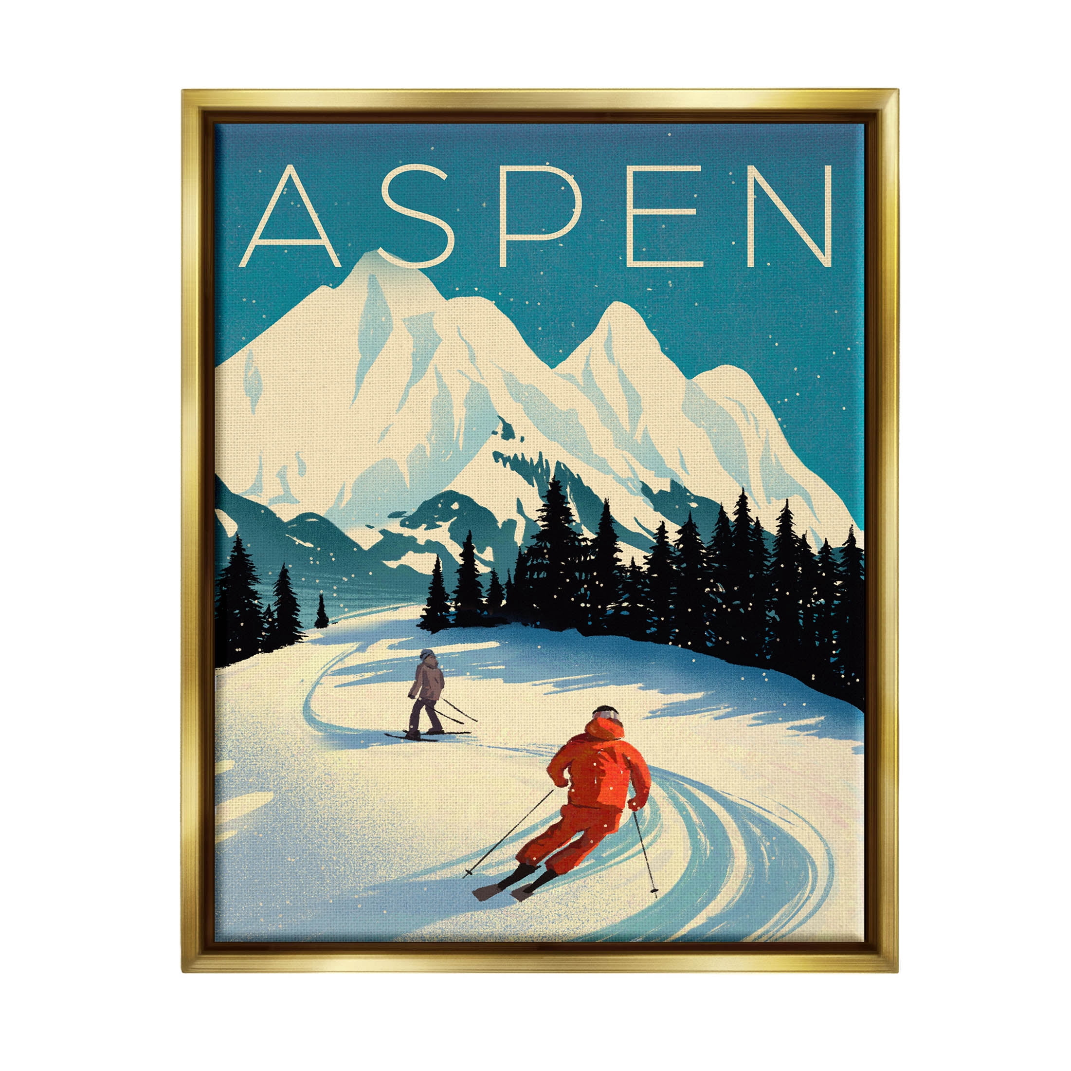 Stupell Industries Aspen Winter Ski Scene Graphic Art Metallic Gold Floating Framed Canvas Print Wall Art, Design by Ziwei Li