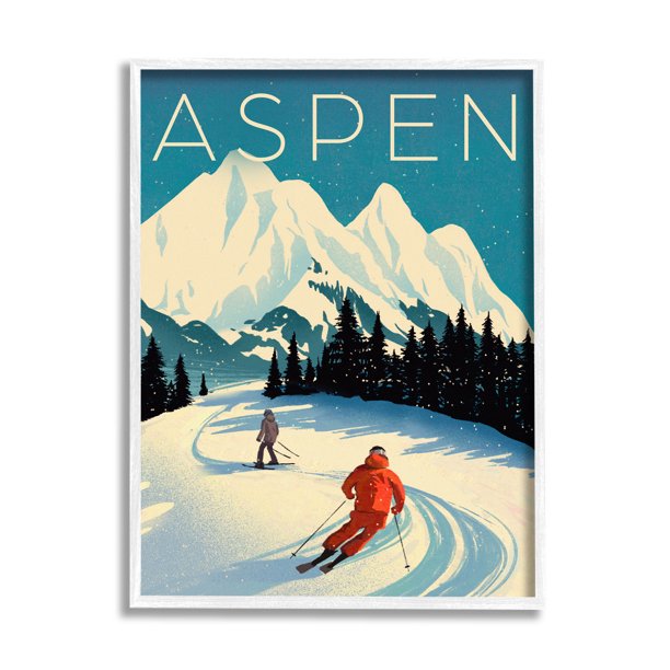 Stupell Industries Aspen Winter Ski Scene Graphic Art White Framed