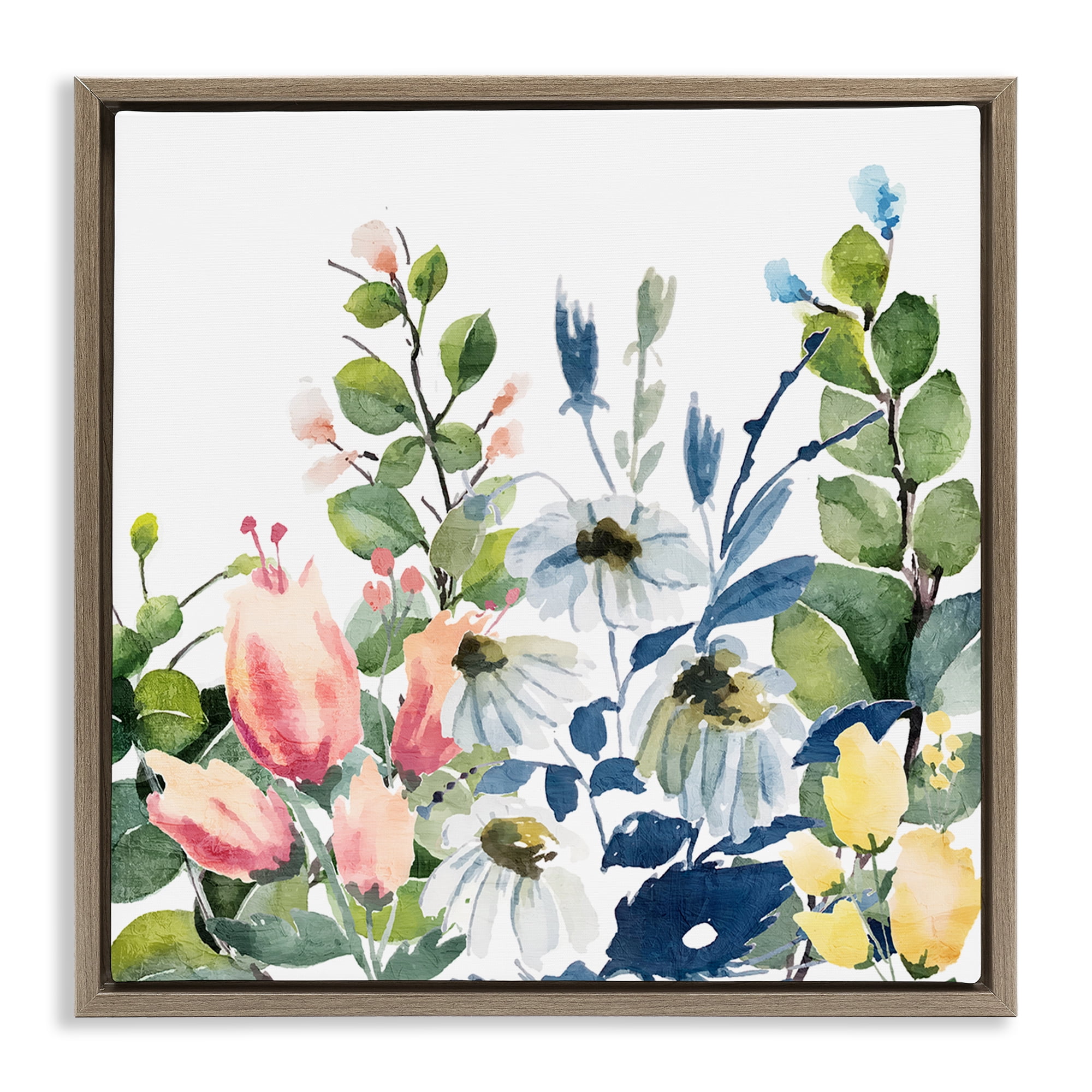 Stupell Industries Assorted Spring Blooms Plants & Flowers Painting Brown Floater Framed Canvas Art Print Wall Art, 25 x 25