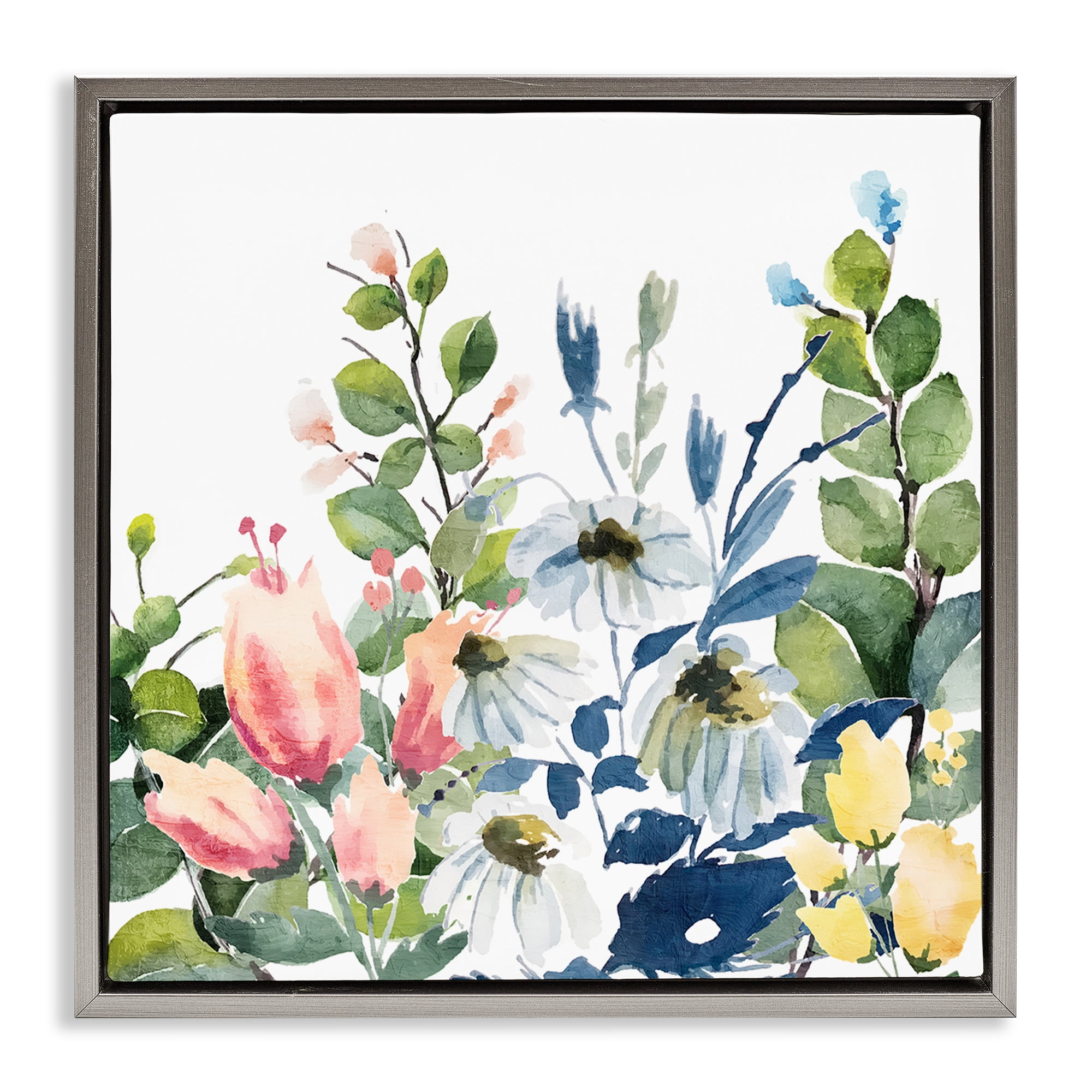 Stupell Industries Assorted Spring Blooms Plants & Flowers Painting Gray Floater Framed Canvas Art Print Wall Art, 18 x 18