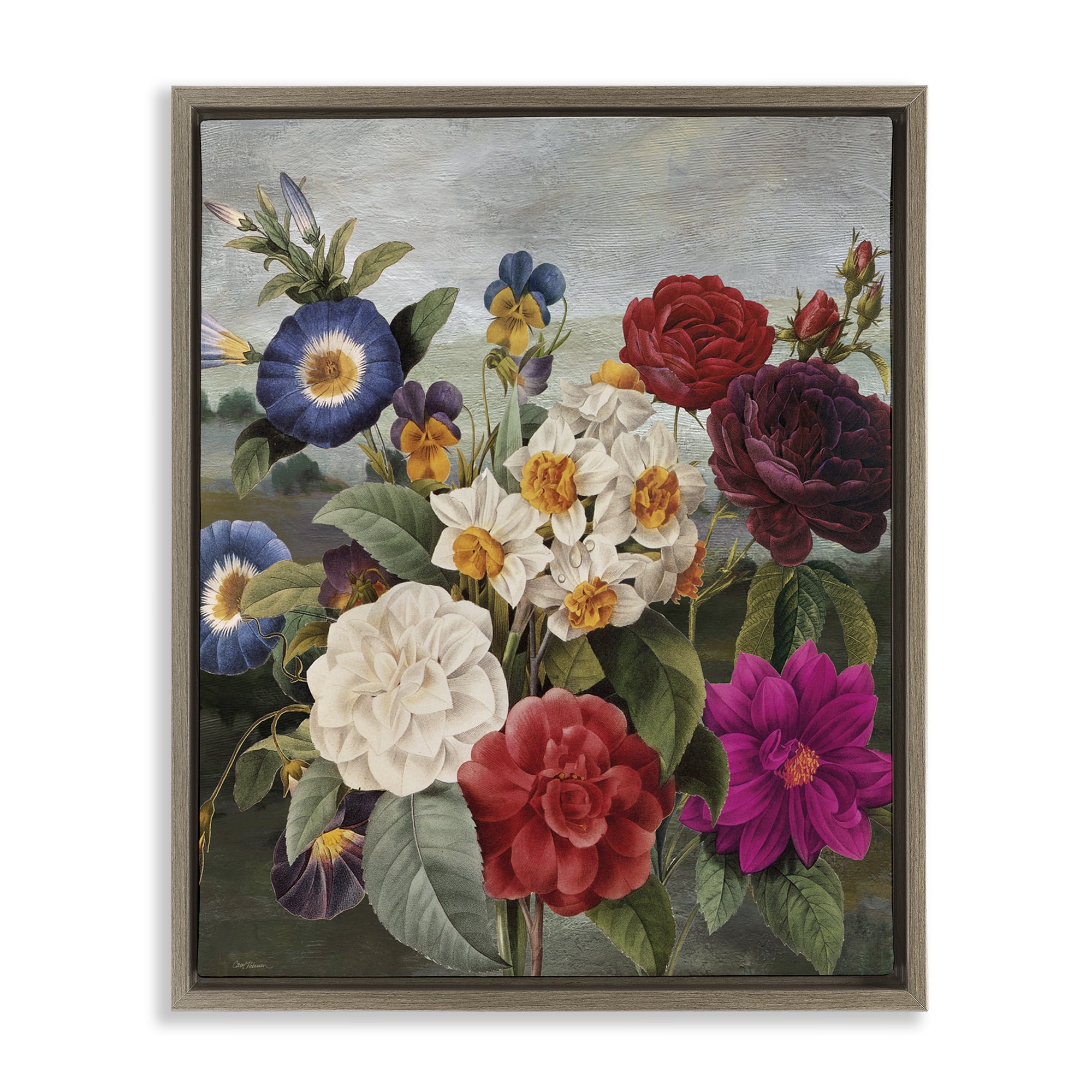 Stupell Industries Assorted Vintage Blooms Botanical & Floral Painting Brown Floater Framed Art Print Wall Art, 17 x 21