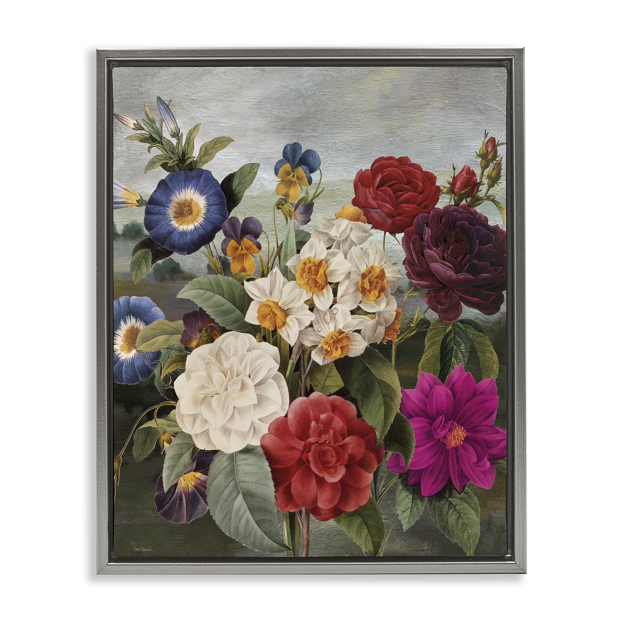 Stupell Industries Assorted Vintage Blooms Botanical & Floral Painting Gray Floater Framed Art Print Wall Art, 17 x 21