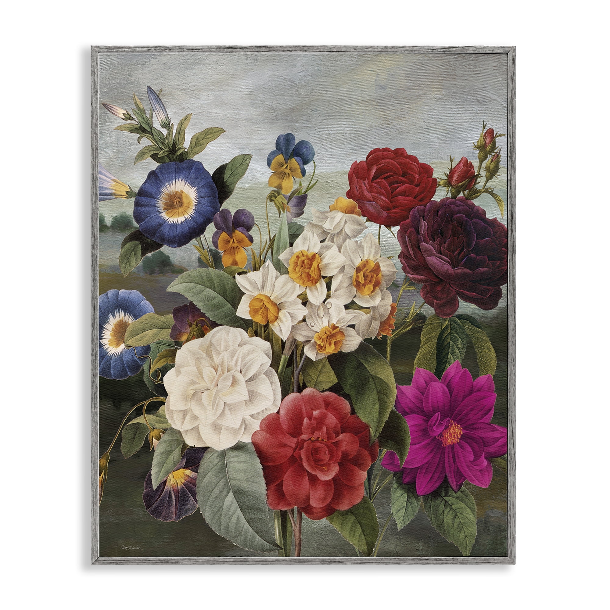 Stupell Industries Assorted Vintage Blooms Botanical & Floral Painting Gray Framed Art Print Wall Art, 16 x 20
