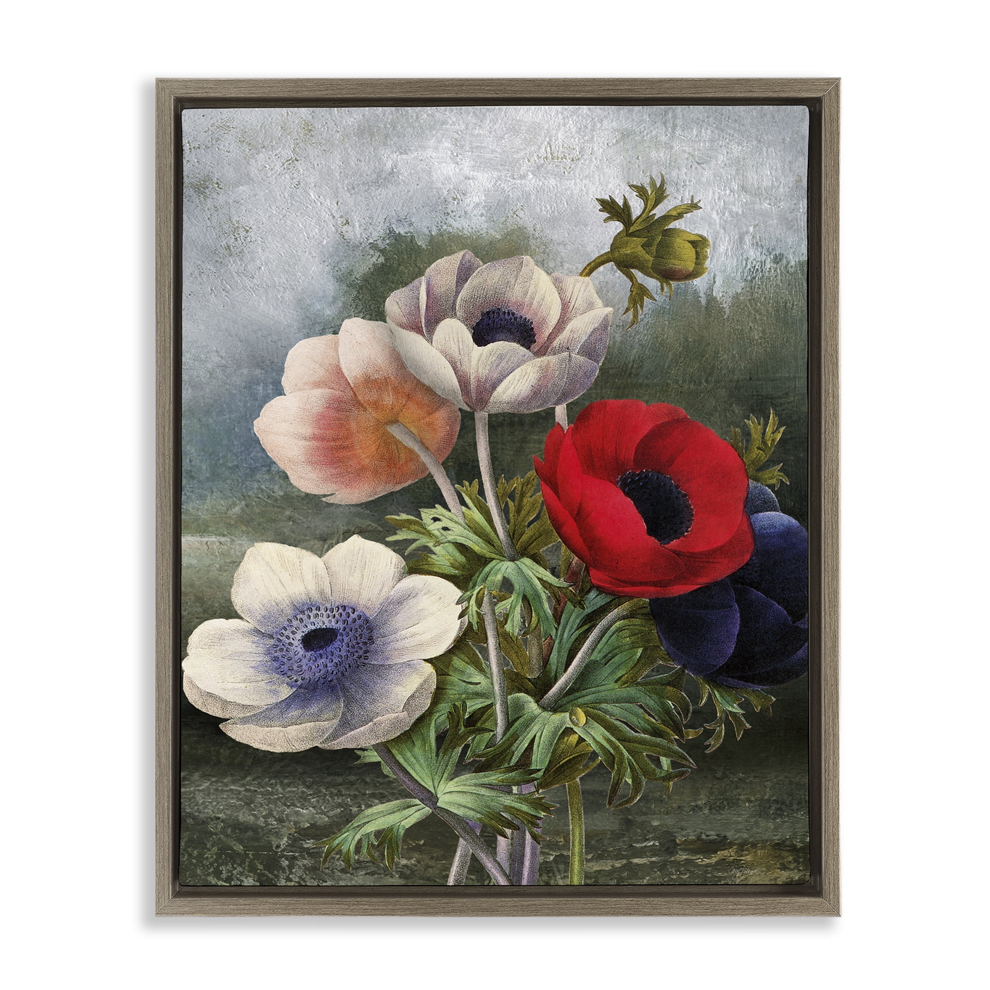 Stupell Industries Assorted Vintage Poppies Botanical & Floral Painting Brown Floater Framed Art Print Wall Art, 17 x 21