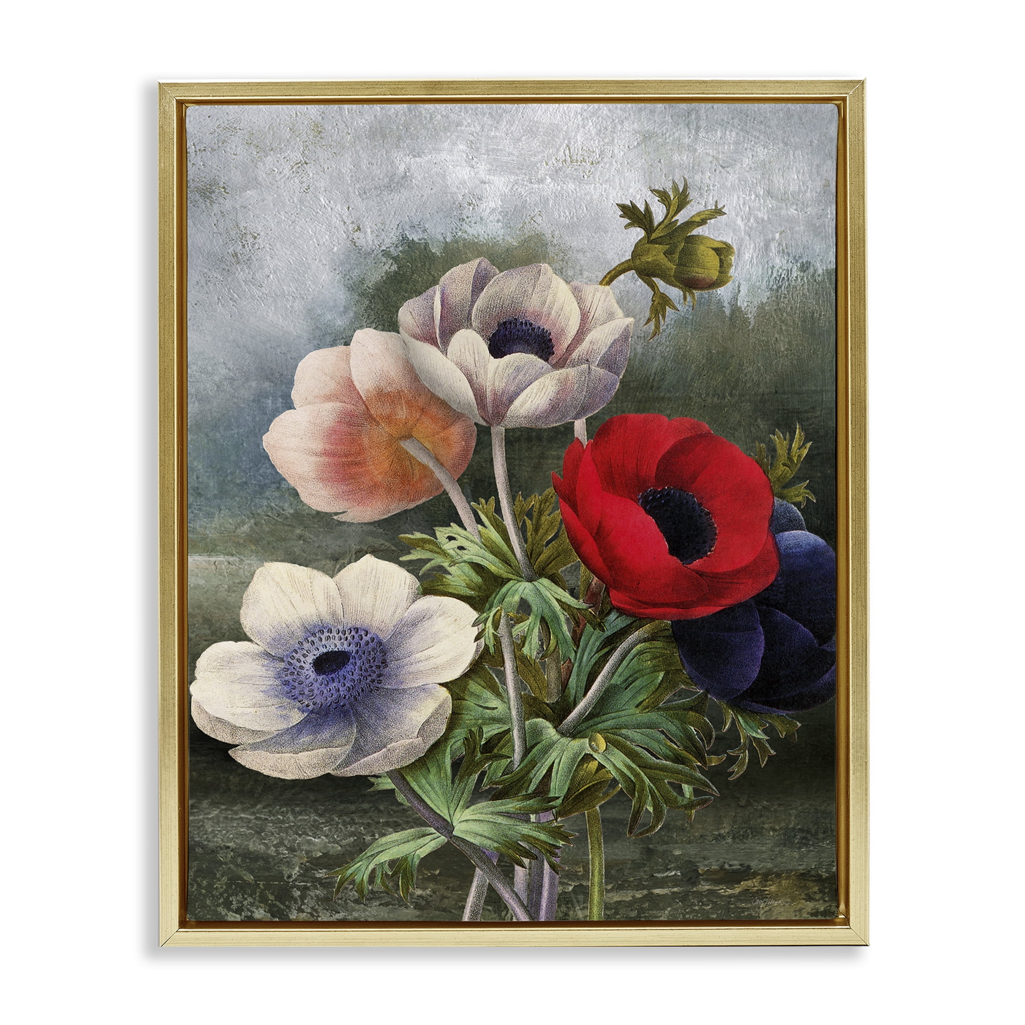 Stupell Industries Assorted Vintage Poppies Botanical & Floral Painting Gold Floater Framed Art Print Wall Art, 17 x 21
