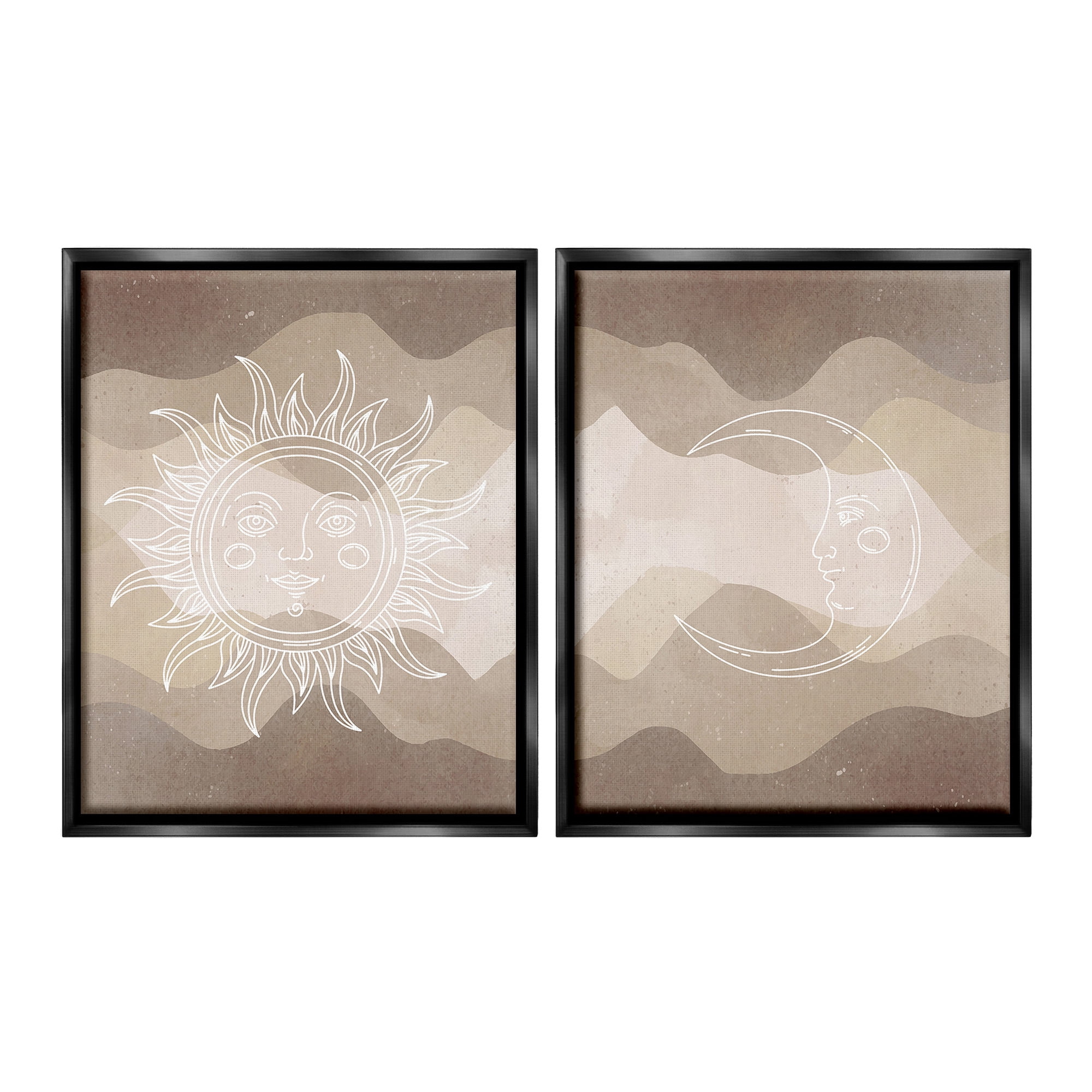 Stupell Industries Astral Boho Sun & Moon Landscape Painting Black Floater Framed Canvas Art Print Wall Art, 17 x 21, Set of 2